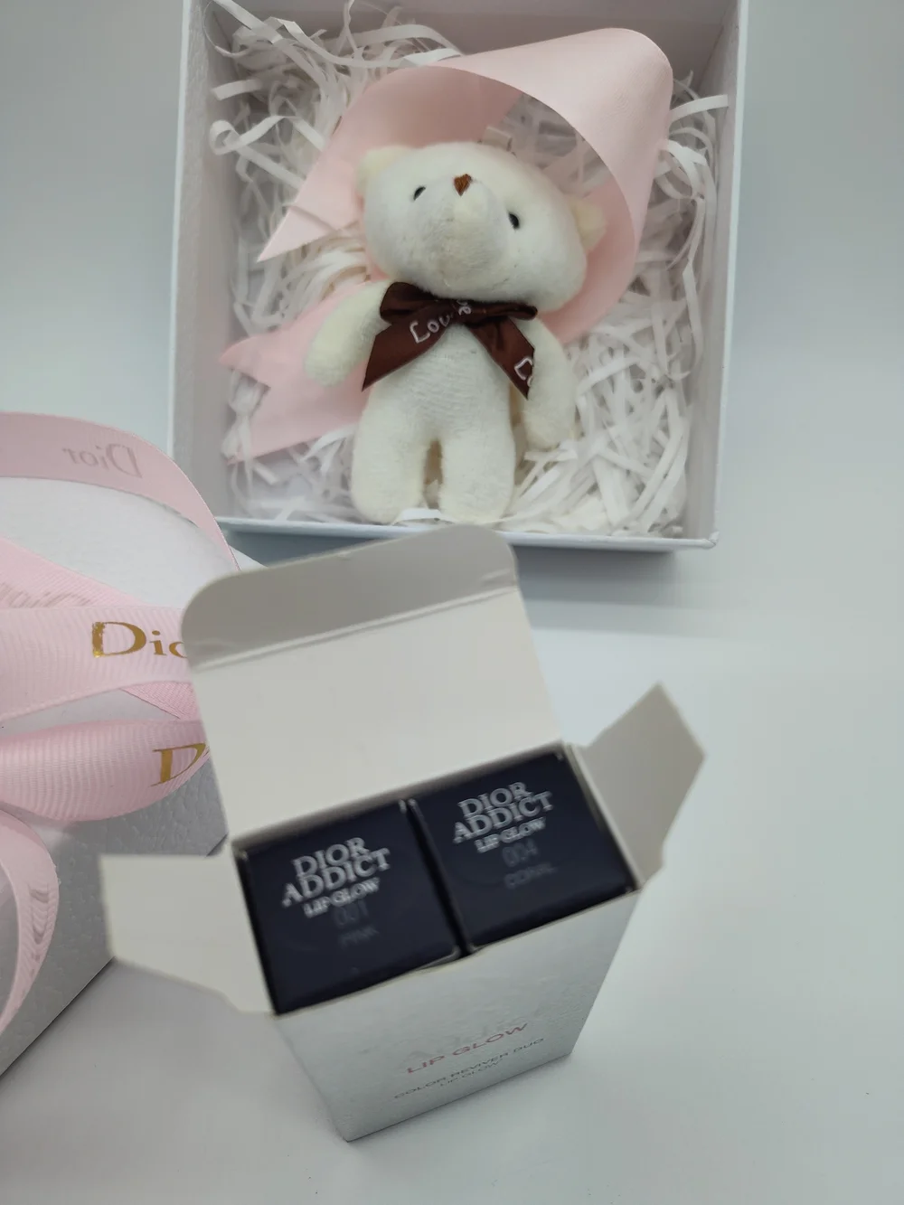 DIOR Addict Lip Glow Color 001 004 Reviver Duo Gift Set Teddy Bear Ribbon Box